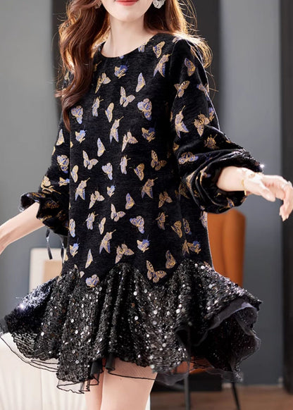 New Black Butterfly Sequins Tulle Patchwork Mid Dress Butterfly Sleeve