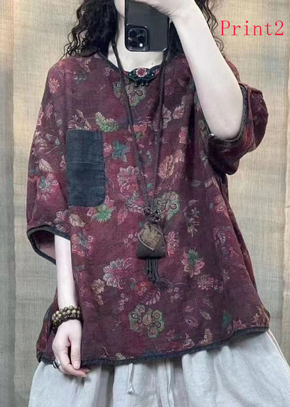 Retro Loose Print O-neck Linen Tops Summer