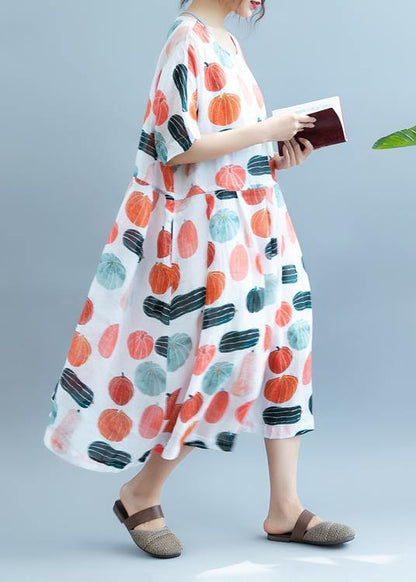 100% Pumpkin Print Robes O Neck Maxi Summer Dress