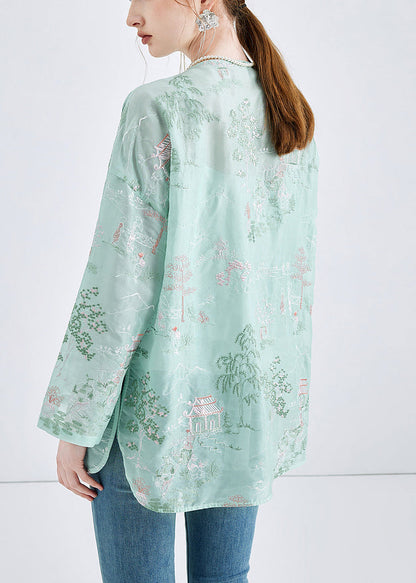 Green Embroidered Button Chiffon 2 Piece Outfit Spring