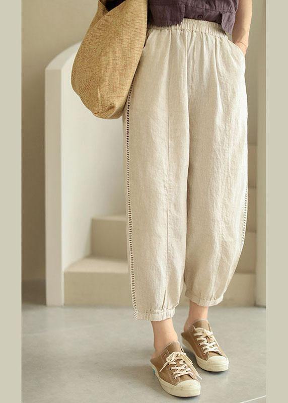 Organic Beige Retro Hollow Out Pockets Fall Pants