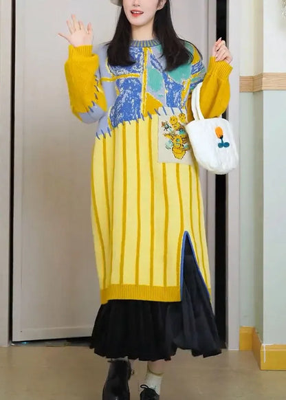 Yellow O-neck Striped Cotton Knit Maxi Dress Long Sleeve