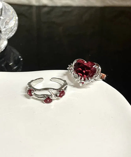 Diy Red Stainless Steel Zircon Rose and Love Rings Two Piece Set