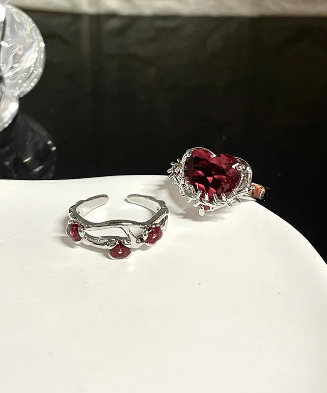 Diy Red Stainless Steel Zircon Rose and Love Rings Two Piece Set