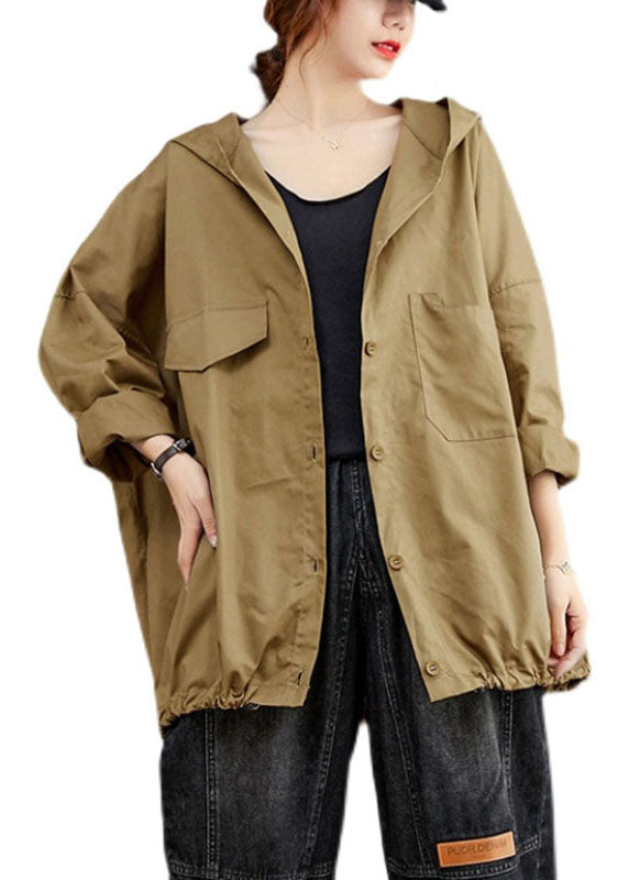 Diy Khaki Button Pockets Loose Fall Long Sleeve Coat