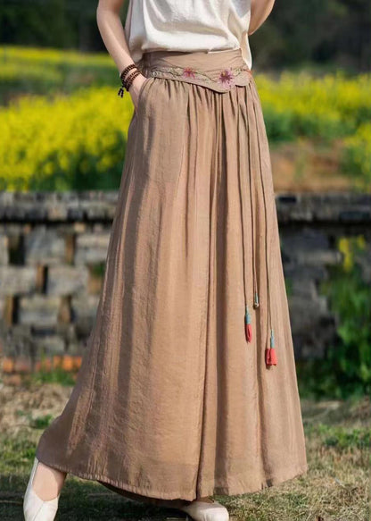 Green Embroideried Pockets Tasseled Patchwork Silk Wide Leg Pants Summer