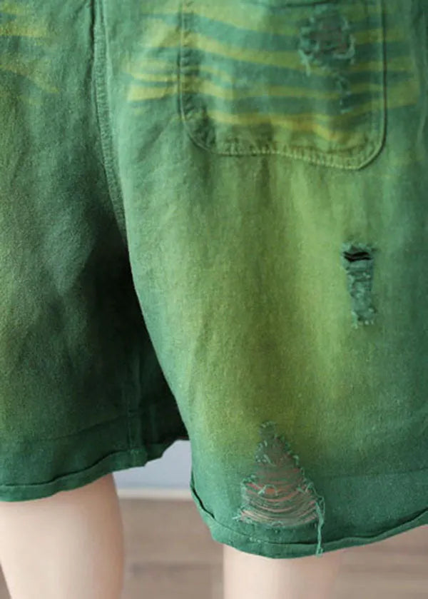 Green Oversized Cotton Ripped Jumpsuits Shorts Summer