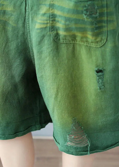 Green Oversized Cotton Ripped Jumpsuits Shorts Summer