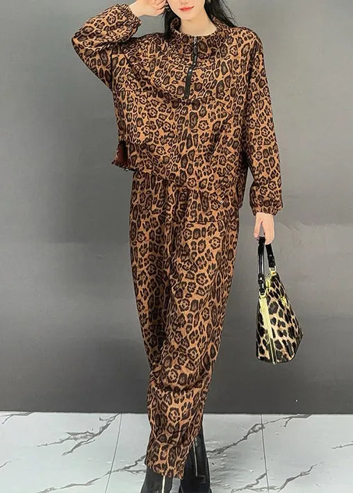 Boutique Brown Leopard Print Tops and Pants Cotton Two Pieces Set Fall
