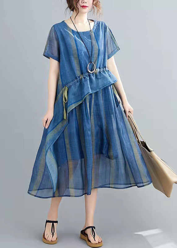 French Blue Cinched Stand Collar Organza Dress Half Sleeve