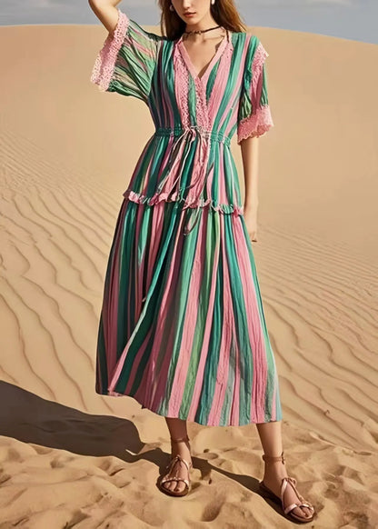 Rainbow Cinched Striped Cotton Holiday Dress Summer