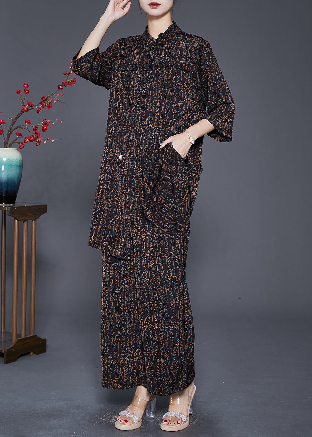 Black Ruffled Print Tasseled Chiffon Two Pieces Set Fall