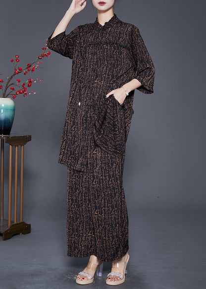 Black Ruffled Print Tasseled Chiffon Two Pieces Set Fall