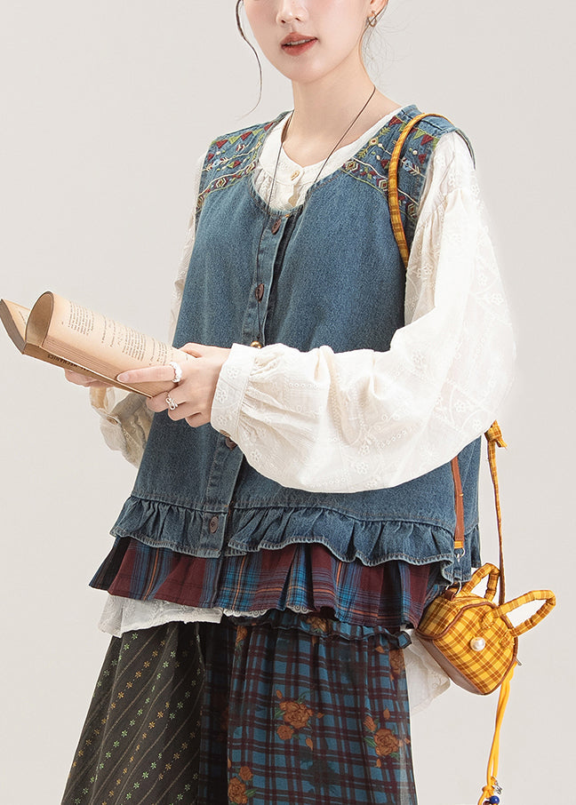 Blue O-neck Ruffled Patchwork Denim Waistcoat and Shirts Two Pieces Set Sleeveless