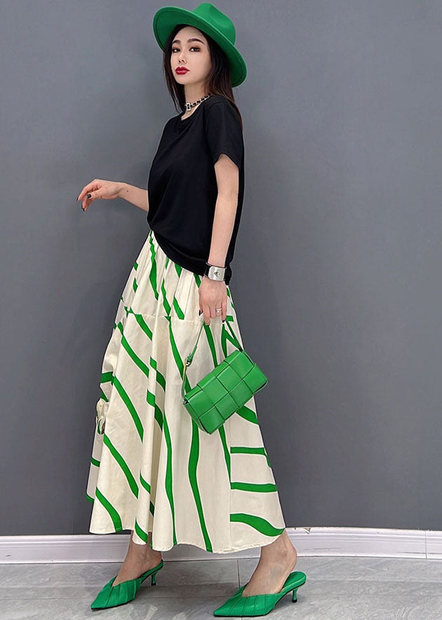 Green Striped Elastic Waist Asymmetrical Cotton Loose Skirts Summer