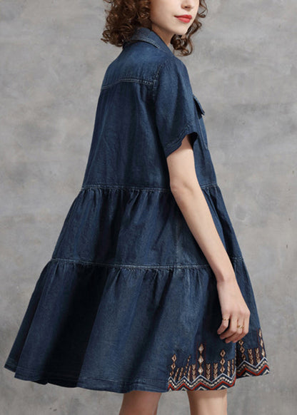 Simple Blue Button Pocket Peter Pan Collar Cotton Vacation Dresses Short Sleeve