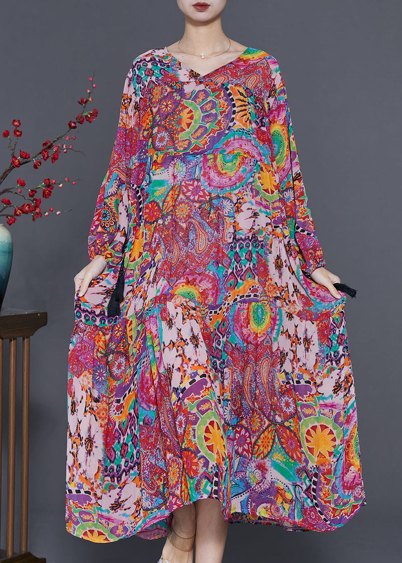 Purple Print Drawstring Chiffon Maxi Dresses Spring
