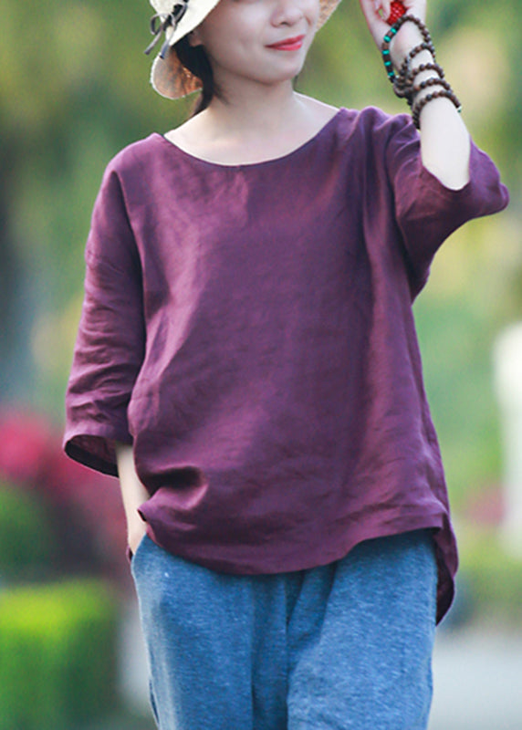 Purple O-neck Linen Shirts Summer