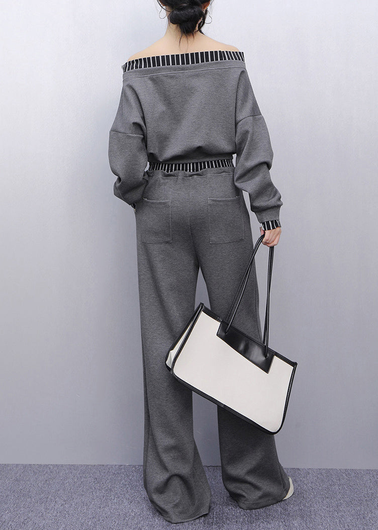 French Grey Striped Patchwork Top and Straight Pants Two Pieces Set Puff Sleeve