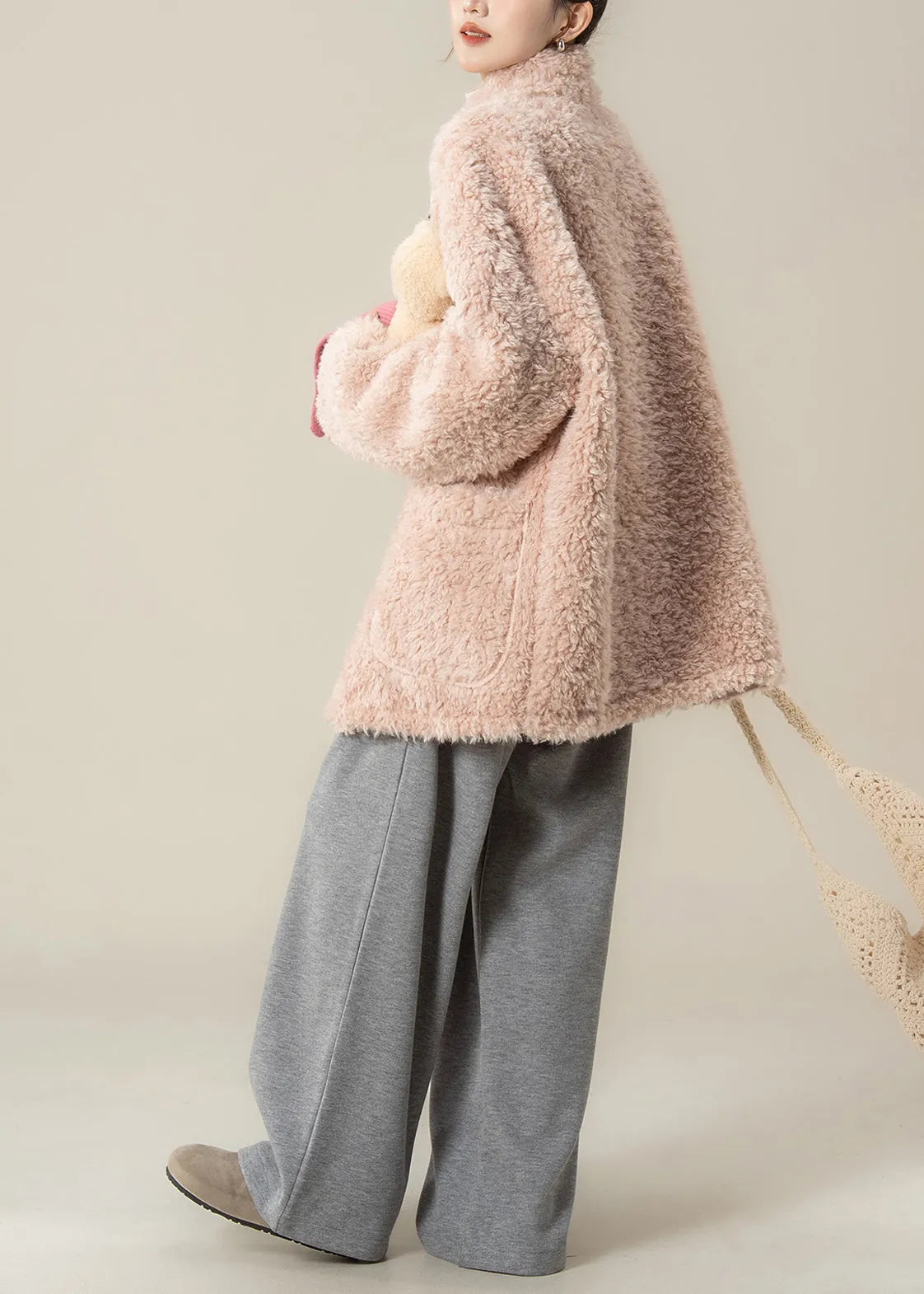 New Pink Faux Fur Coat and Grey Wide Leg Pants Set Winter