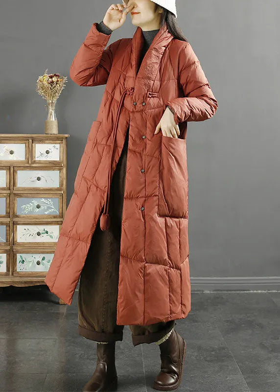 Purple Stand Collarembroideried Tassel Pockets Duck Down Down Coat Long Sleeve