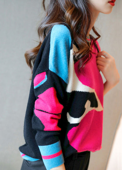 Rose O Neck Patchwork Cozy Wool Knit Sweaters Long Sleeve