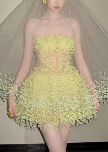 Handmade Light Yellow Strapless High Waist Tulle Mid Dress Sleeveless