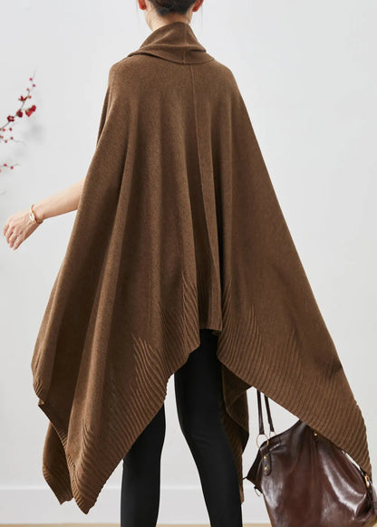 Brown Turtle Neck Asymmetrical Exra Large Hem Knit Sweater Dress Cloak Sleeves