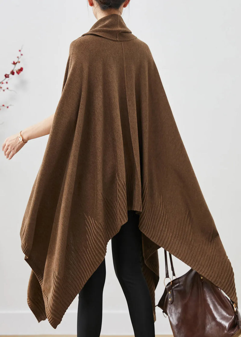 Brown Turtle Neck Asymmetrical Exra Large Hem Knit Sweater Dress Cloak Sleeves