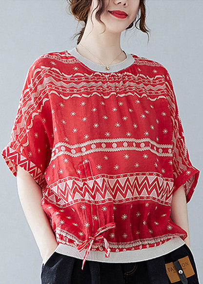 Vogue Red O-neck Print Drawstring T Shirt Summer