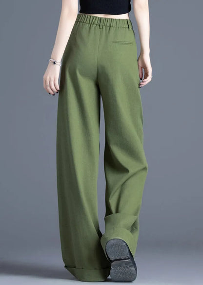 Tea Green Elastic Waist Cotton Wide Leg Pants Spring