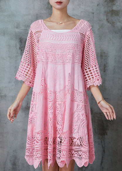 Pink Hollow Out Lace Holiday Dress Summer