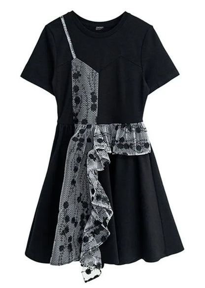 French Black O-neck Asymmetrical Design Patchwork Ruffles Cotton Fake Two Pieces Pleated Dresses Summer