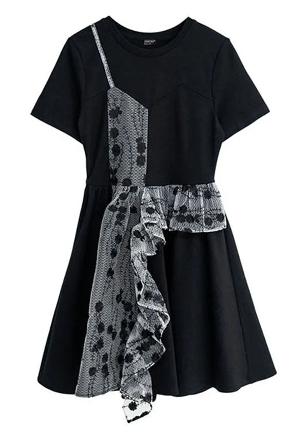 French Black O-neck Asymmetrical Design Patchwork Ruffles Cotton Fake Two Pieces Pleated Dresses Summer