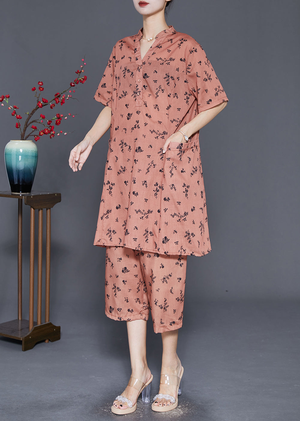 Orange Oversized Print Pockets Cotton Two Pieces Set Summer