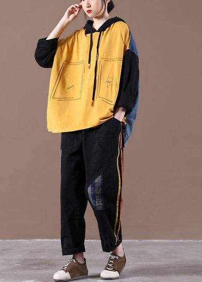 Yellow Loose Denim Stitching Suit