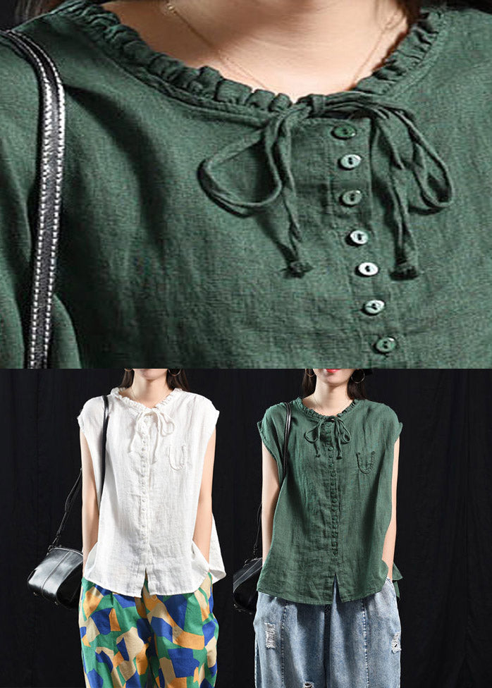 White O-neck Button Pockets Top Short Sleeve