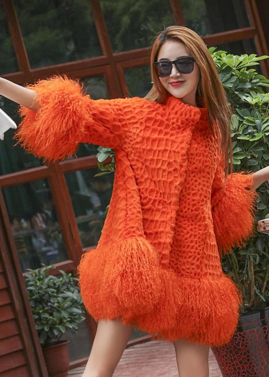 Orange Fluffy Patchwork Wool Coat Winter