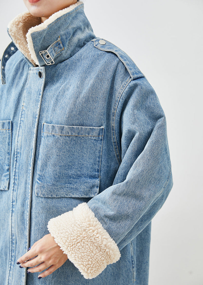 Blue Oversized Pockets Fleece Wool Lined Denim Trench Fall