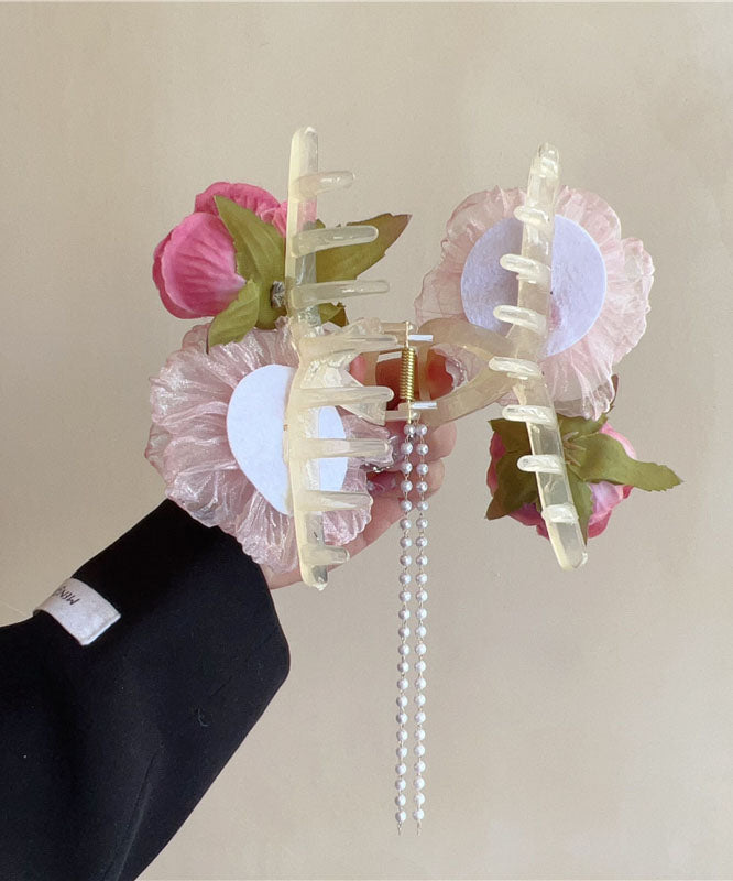 Boutique Fabric Tulle Pearl Tassel Hairpin