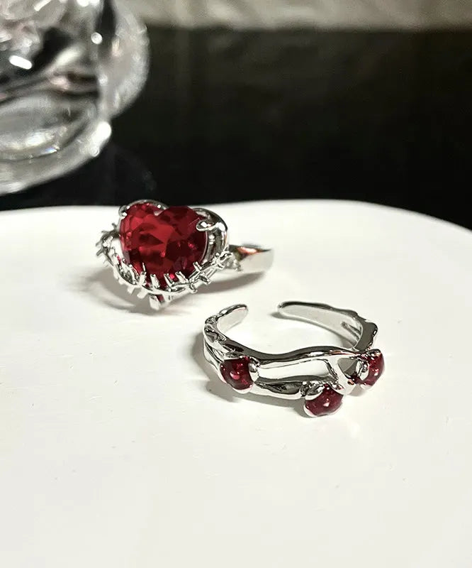 Diy Red Stainless Steel Zircon Rose and Love Rings Two Piece Set