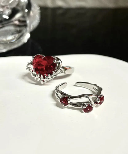 Diy Red Stainless Steel Zircon Rose and Love Rings Two Piece Set