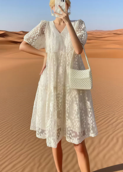 Beige Embroidered Tulle Holiday Dress Summer
