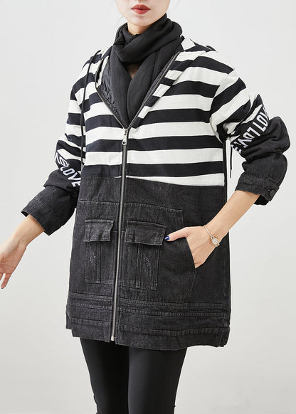Black Hooded Patchwork Striped Fine Cotton Filled Denim Jacket Witner