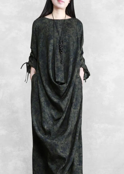 Modern V Neck Asymmetric Spring Clothes for Design Green Print Loose Dress
