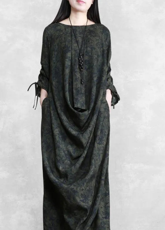 Modern V Neck Asymmetric Spring Clothes for Design Green Print Loose Dress