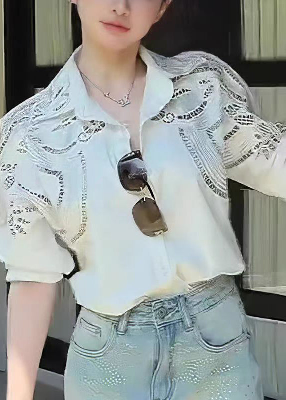 White Peter Pan Collar Hollow Out Cotton Blouses Fall