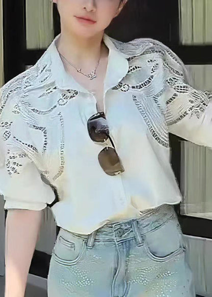 White Peter Pan Collar Hollow Out Cotton Blouses Fall