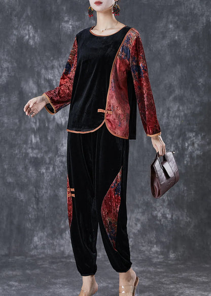 Red Oversized Patchwork Print Silk Velour Two Pieces Set Fall