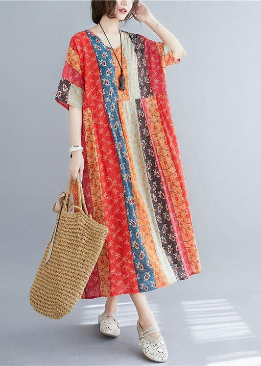 Natural Colorblock Print O-neck Summer Maxi Dresses Half Sleeve